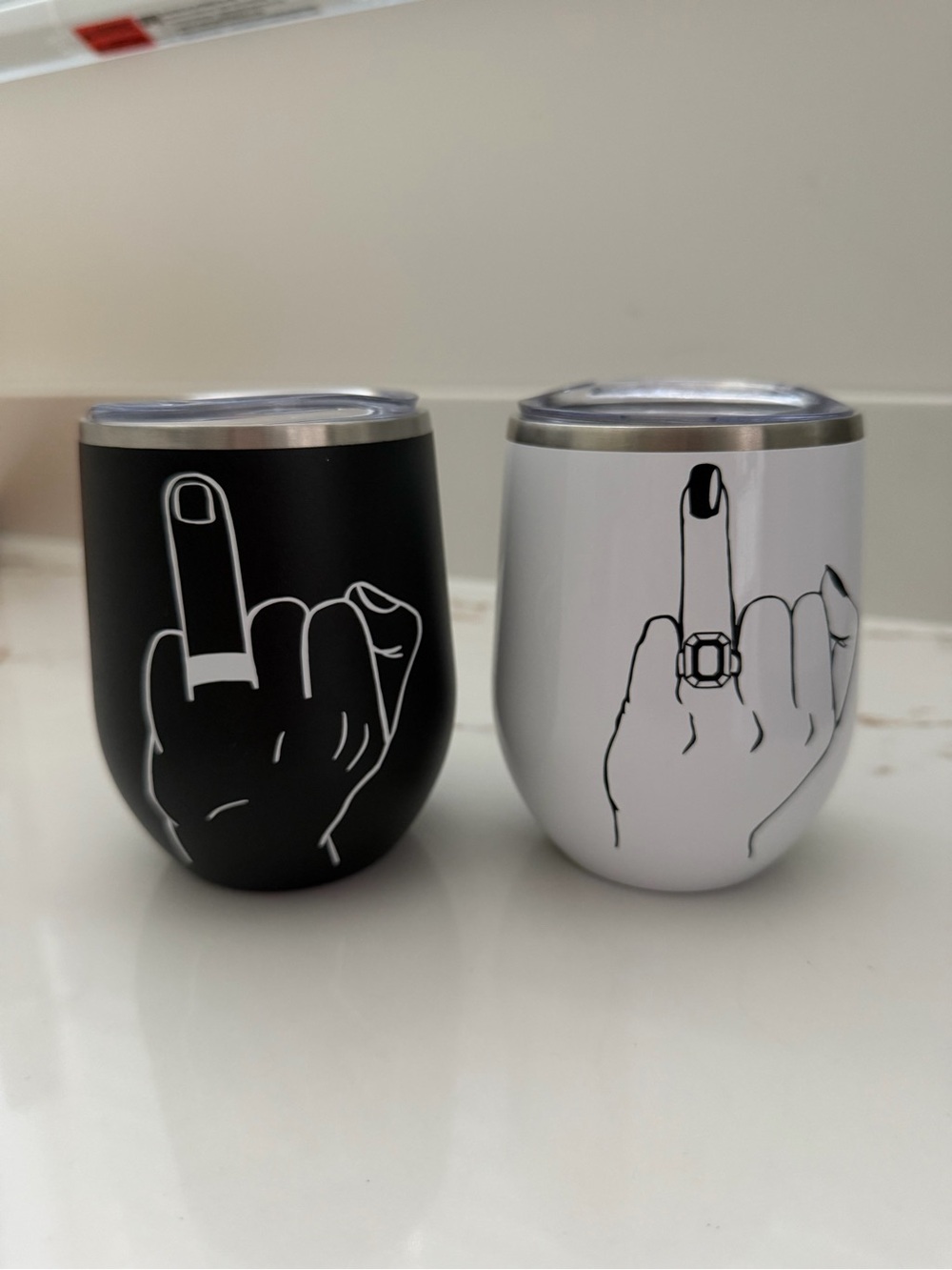 Set of 2 Stainless Stemless Tumblers with Married Ring Graphic - Black & White